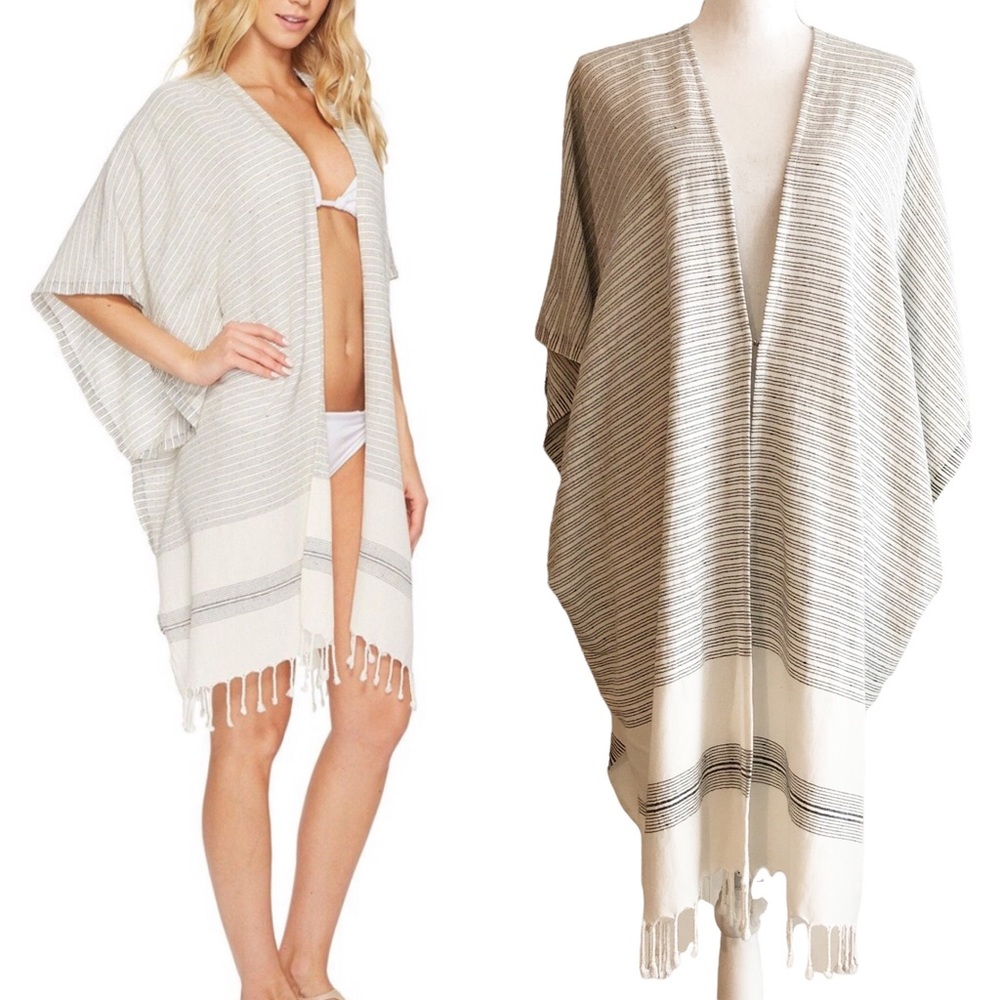 NWT BUJIBAJA by Hat Attack Beach Poncho Coverup in Natural/Black stripe One Size